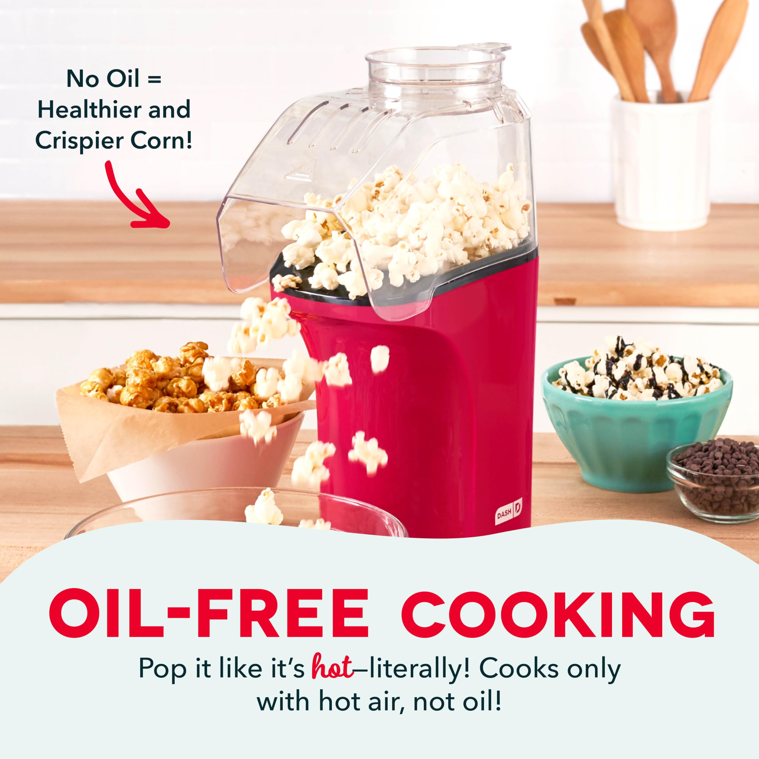 Dash Hot Air Popcorn Popper Maker With Measuring Cup To Portion Popping Corn Kernels + Melt Butter, 16 Cups - Red